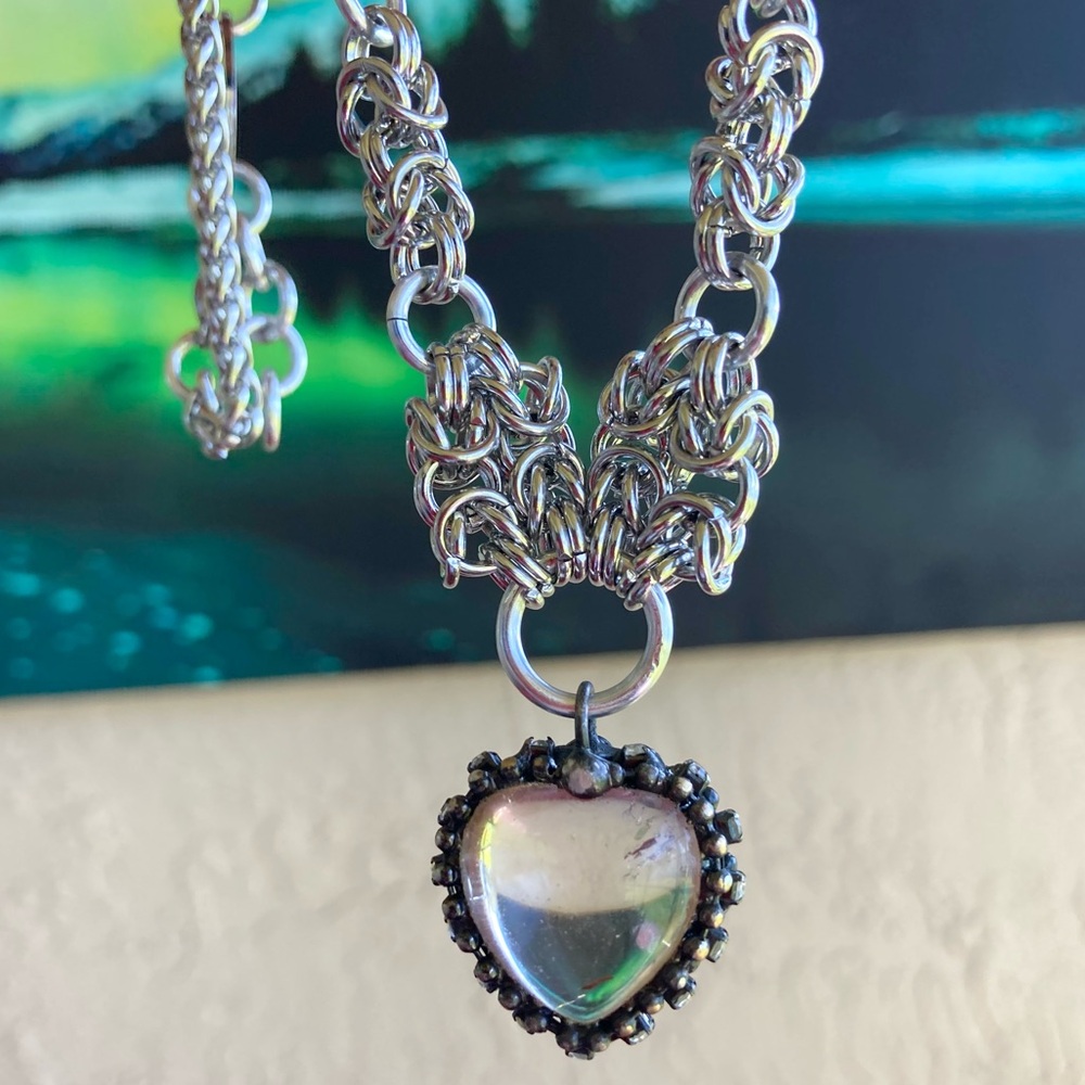Handmade Genuine crystal quartz heart charm maille silver boho choker necklace